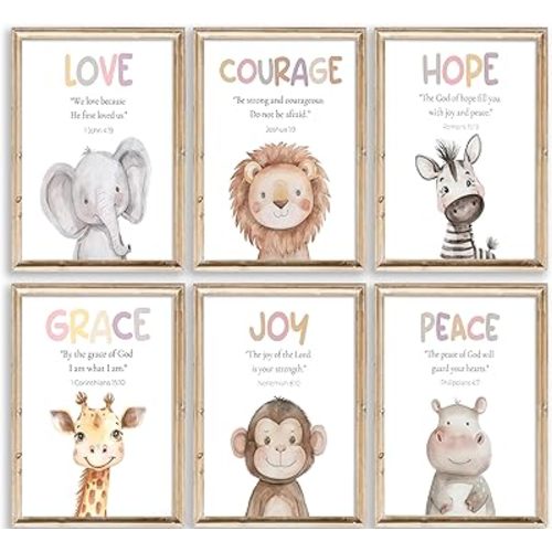 Safari Animal Bible Verse Nursery Wall Art Christian Picture Kids Room Wall Decor Uplifting Scripture Poster Hope Love Joy Jungle Animals Painting Canvas Print Artwork for Baby Room Playroom, Unframed