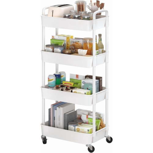 White Rolling Storage Cart with Handle 4 Tier Plastic Utility Trolley for Living Room Kitchen Office Movable Organizer on Wheels