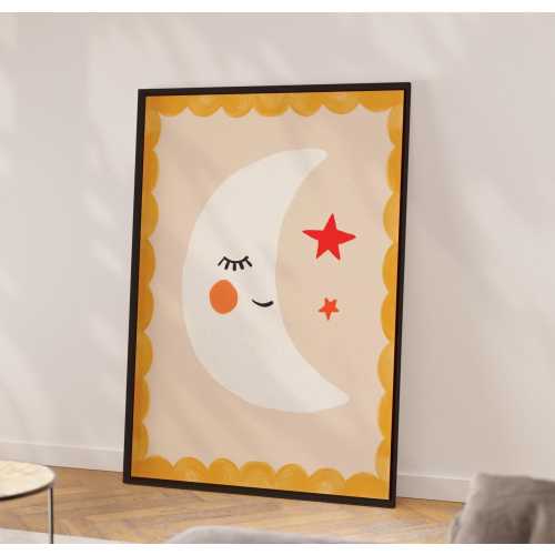 Moon print Nursery, Whimsical Poster Celestial Wall Art Animal Kids Room Decor Montessori Playroom Crescent Prints Baby Shower Gift Toddler