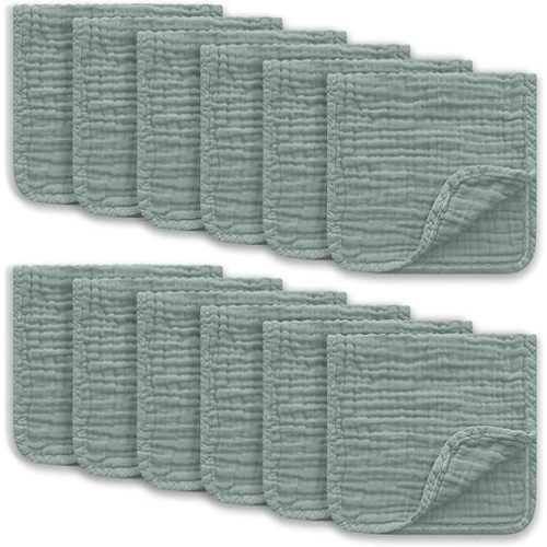 Muslin Burp Cloths Large 100% Cotton Hand Washcloths for Boys & Girls, Baby Essentials Extra Absorbent and Soft Burping Rags for Newborn Registry (Green, 12-Pack, 20" X10")