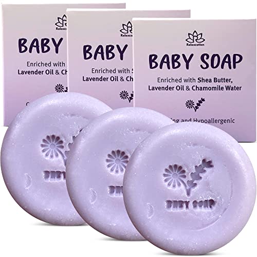 Relaxcation Baby Soap Bar with Lavender Essential Oils, Organic Chamomile Water and Moisturizing Shea Butter - Naturally Cold Process in USA - Gift For Newborns, Baby, Kids (3-pack)