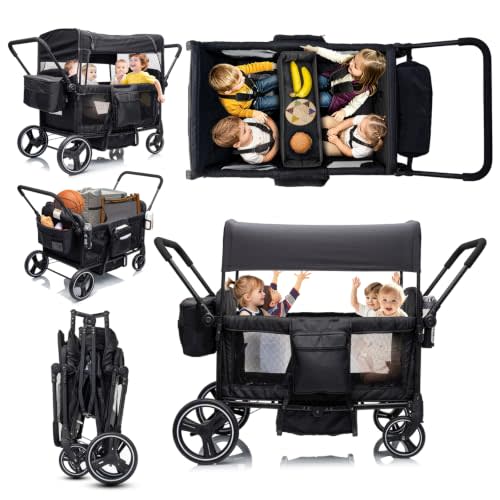 Wagon Stroller for 4 Kids, Luxury 4 Seater All-Terrain Baby Tandem | Push&Pull Foldable Stroller with 5-Point Harness, Adjustable Canopy & Snack Tray for Toddlers Beach Park Outdoor