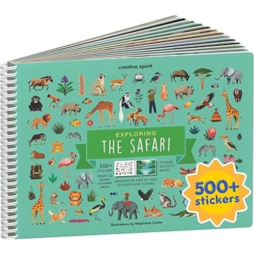 Safari Animals 500+ Kids Sticker Book by Cupkin Toddler Airplane Travel Activity Coloring and Sticker Book, Road Trip Essentials, 12 Coloring Pages 12 Scenes for Ages 2–8 Years
