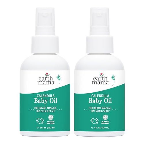 Earth Mama - Calendula Baby Oil - 4 fl oz (2 Pack) | Massage Oil for Newborn Skin Care, Dry Skin & Scalp Moisturizer, Fragrance Free