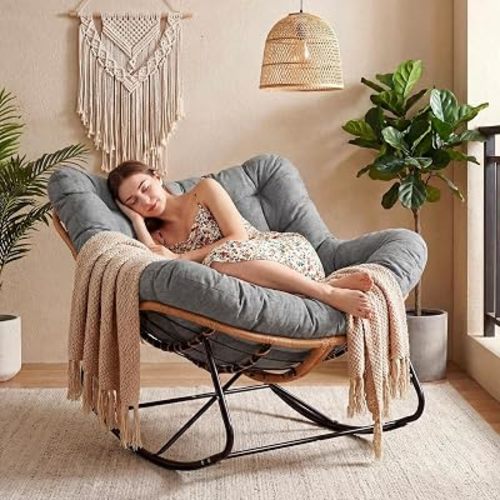 TLSUNNY Outdoor Papasan Rocking Chair, Oversized Padded Lounge Rocker