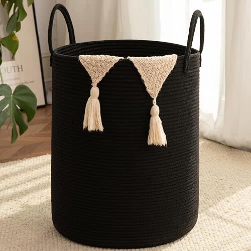 OIAHOMY Large Laundry Basket Hamper - 100L Cotton Rope Woven Basket for Blankets, Toys, Clothes - Tall Decorative Nursery Hamper with Long Handles, Black