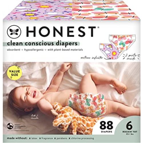 The Honest Company Clean Conscious Diapers | Plant-Based, Sustainable | Sky's the Limit + Wingin It | Super Club Box, Size 6 (35+ lbs), 88 Count