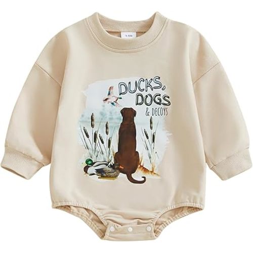 Newborn Baby Boy Girl Hunting Outfit 1st Birthday Mallard Duck Romper Oversized Sweatshirt Playsuit Spring Clothes (Khaki, 6-12 Months)