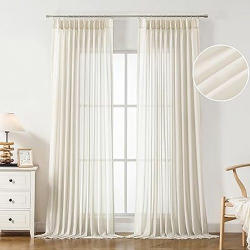 WEST LAKE 95 Inches Long Egret Ivory Pinch Pleated Sheer Curtains for Bedroom Living Room Sliding Patio Door,Farmhouse Textured Lightweight Drapes with Backtabs,Rustic Window Treatment,58" Wx95 Lx2