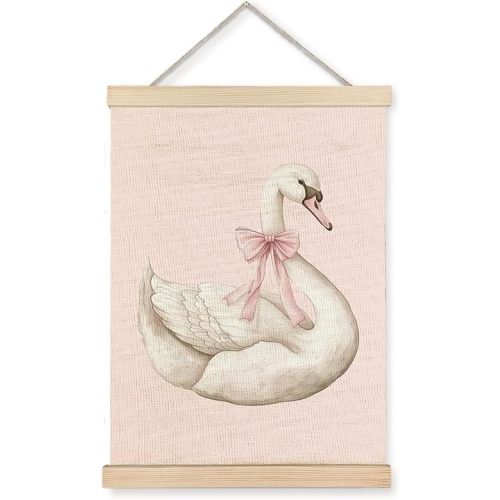 CIOJUNE Swan Wall Art, Swan Decor, Coquette Pink Bow Swans Wall Art Poster Hanger Framefor Home Bedroom Decor, Preppy Room Decor, Coquette Room Decor, 12x16 Inch
