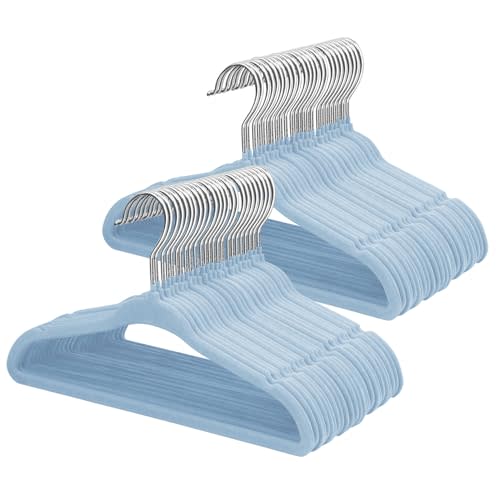 ManGotree 11" Baby Velvet Hangers, Non-Slip Infant Coat Hangers, Ultra-Thin Toddler Felt Hanger with 360° Swivel Hook, Space Saving Children's Hanger for Kids Clothes, 48 Pack (Blue)