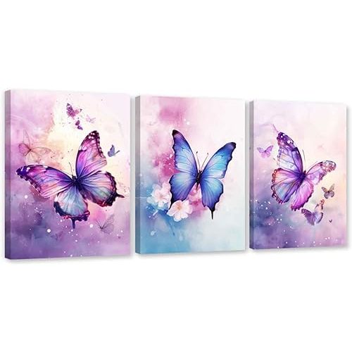 ARTZGX 3 Piece Purple Butterfly Canvas Wall Art Butterfly Pictures Wall Decor Watercolor Painting for Girls Room Decor Frame(Pink 12x16inchx3P (30x40cmx3P))