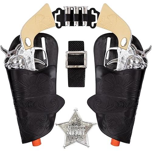 ArtCreativity Cowboy Toy Gun Holster and Belt 9 Piece Set for Kids. 2 Toy Pistols, 1 Sheriff Badge, 2 Gun Holsters, and 3 Play Bullets, 1 Adjustable Belt, Old Western Action Belt for Sheriff