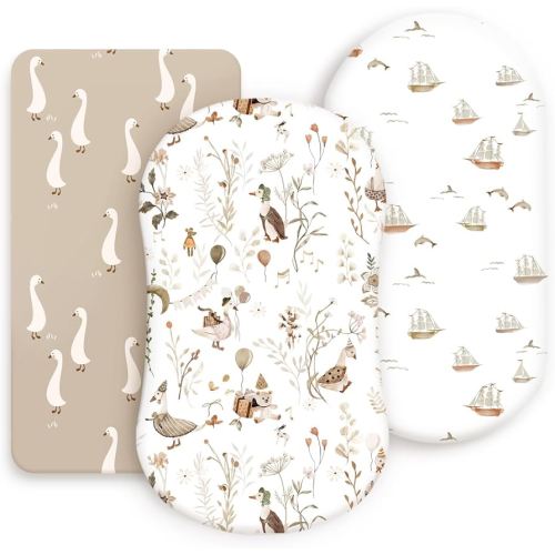 GRSSDER Stretchy Ultra Soft Fitted Bassinet Sheets 3 Pack, Universal Fitted for Oval Rectangle Bassinet Mattresses Safe and Snug, Stylish Bassinet Sheet Gender-Neutral Print for Baby