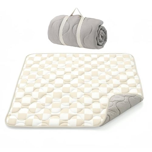 Momcozy Baby Play Mat for Floor, 50x50 Thickened Playpen Mat, Playmate for Baby Tummy Time, Waterproof & Non-Slip, Foldable Outdoor Mat with Carrying Handle, Khaki Plaid