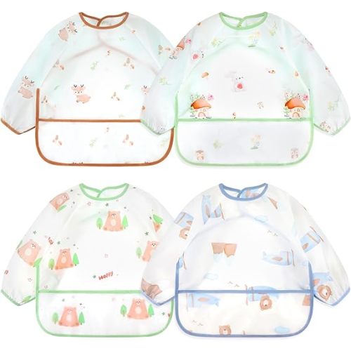 Accmor 4 Pack Long Sleeve Bibs, Baby Smock Waterproof Sleeved Bib Smock for Baby Toddler 6-36 Months