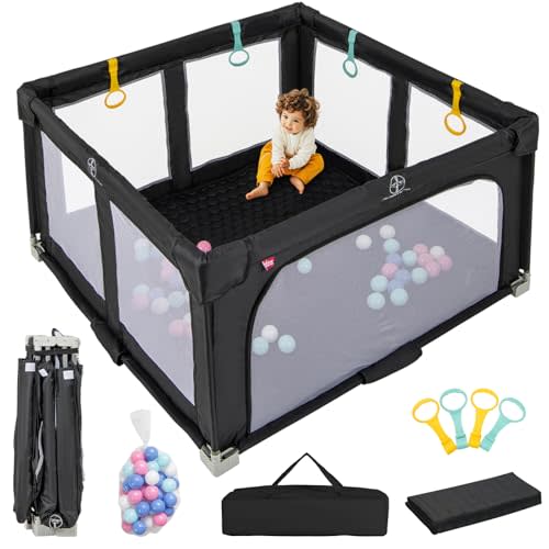INFANS Foldable Baby Playpen, 50” x 50” Large Baby Play Yard for Infant with 50 Ocean Balls, 4 Handlers, Carry Bag, Indoor Outdoor Fence Toddler Activity Center (Black, 50” x 50”)