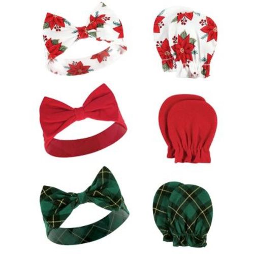 Hudson Baby Infant Girl Cotton Headband and Scratch Mitten Set, Poinsettia, 0-6 Months