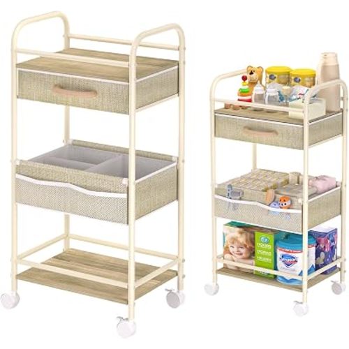 Baby Cart Organizer, Oxford Fabric Diaper Cart with Wooden Divider | Drawers and Removable Dividers Enable Flexible Storage, Multifunctional Diaper Caddy Cart Suitable for Indoor Nursery
