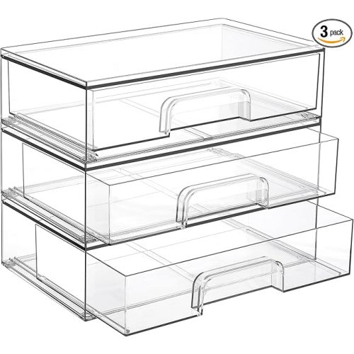 Vtopmart 12.1''W Clear Stackable Storage Drawers,3 Pack Acrylic Plastic Organizers Bins for Makeup Palettes, Cosmetics, and Beauty Supplies,Ideal for Vanity, Bathroom,Cabinet,Desk Organization