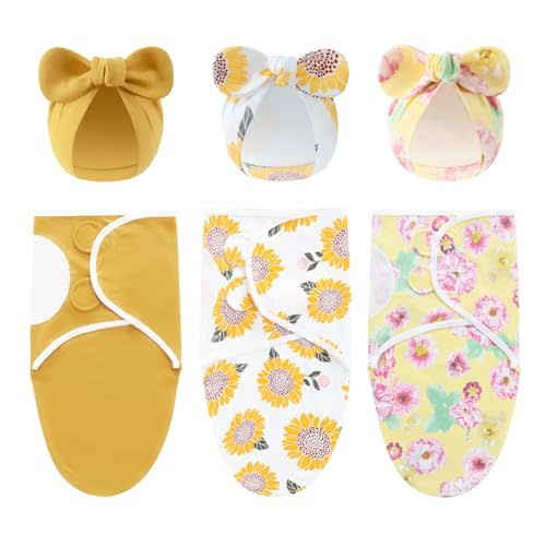 3-Pack Baby Swaddles for Newborns with Bow Hat for Girls Yellow Set | Cotton Sleep Sacks Nursery Swaddling Blanket for 0-3 Months Infant Registry Essentials Adjustable & Easy Fastener