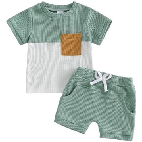 Toddler Baby Boy Summer Clothes Waffle Contrast Short Sleeve T-shirts Top Solid Shorts 2Pcs Outfit 6 12 18 24 Month