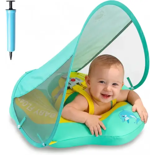Baby Pool Float with Canopy UPF50+ Sun Protection, Soft Fabric-Covered Baby Floats with Safety Seat, No Flip Over Baby floatie for Age 6-36 Months, Infant Pool Float for Toddler (Green)