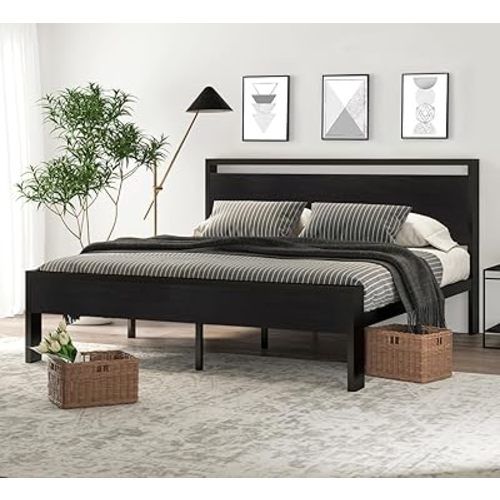 SHA CERLIN 14 Inch King Size Metal Platform Bed Frame with Wooden Headboard and Footboard, Mattress Foundation, No Box Spring Needed, Large Under Bed Storage,Black Oak