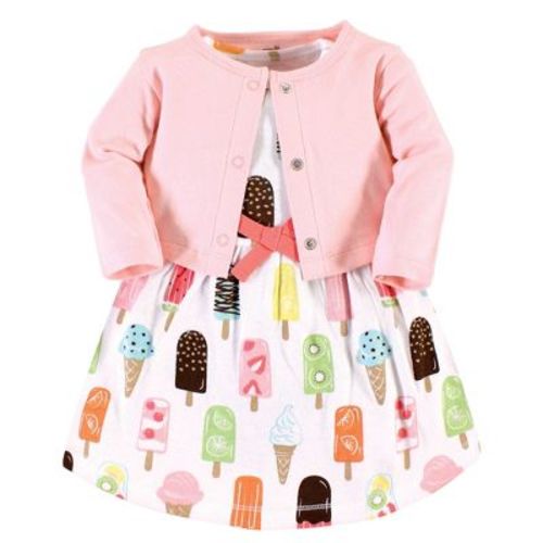 Touched by Nature Baby and Toddler Girl Organic Cotton Dress and Cardigan, Ice Cream Pop, 0-3 Months