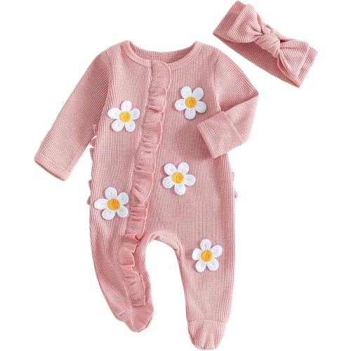 Newborn Girl Going Home Outfit Long Sleeve Footies Floral Ruffled Trim Zipper Jumpsuit Headband Baby Fall Clothes