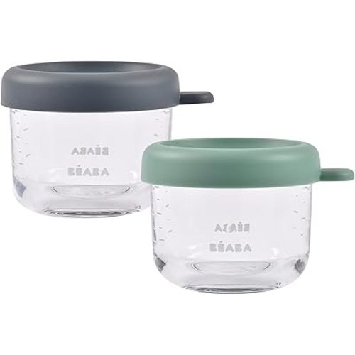 Beaba 2 Pack Glass Baby Food Jars, Freezer, Sterilizer, and Dishwasher Safe, 5 oz Baby Food Storage Jars with Silicone Air Tight Lid, Mineral/Sage