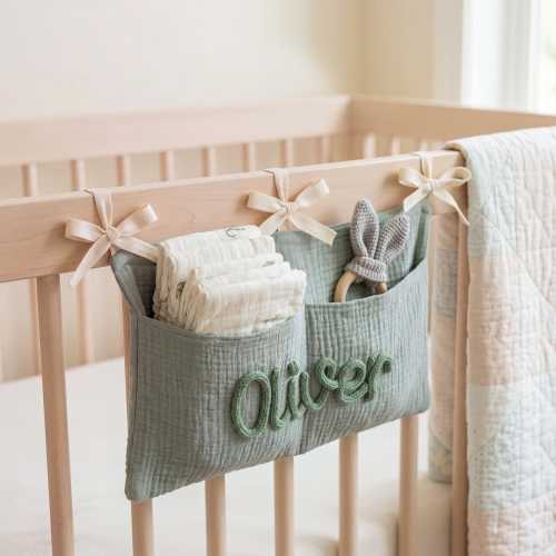 Personalized Crib Organizer, Hanging Cotton Nursery Caddy with Knit Baby Name, Bedside Storage