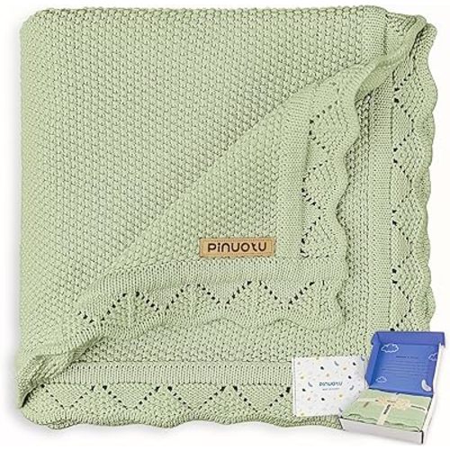 Knitted Baby Blanket for Boys & Girls, 100% Cotton Receiving Swaddle Crib & Stroller Blanket for Newborns, Infants, Toddlers, Green, 40 x 31 Inches