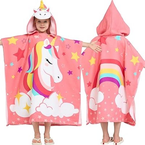 Joiedomi Kids Beach Towels with Hood for 3-10 Years Boys Girls Unicorn Hooded Toddler Bath Towel Poncho Absorbent Quick Dry Soft Microfiber Swim Robe with Backpack Lightweight 30"x30" for Beach Pool