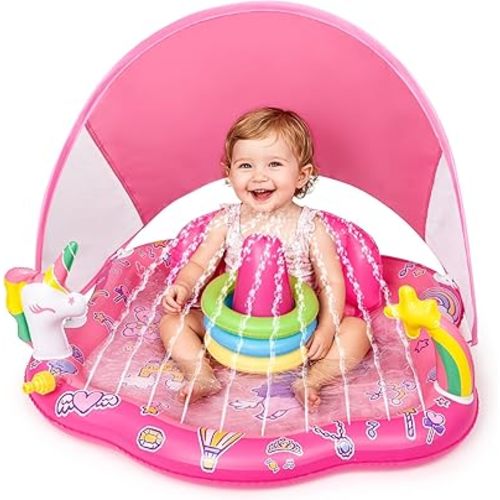 Baby Pool Float with Sprinkler, Inflatable Baby Splash Pad with Stackable Rings Game, Baby Splash Mat with Canopy & Backrest for Toddlers Garden, Beach, Backyard and Bathroom (Pink)