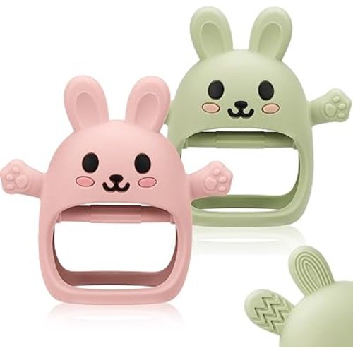 2 Pack Baby Teething Toy for 3-6 6-12 Months, Silicone Bunny Teething Mitten, Anti Drop Wrist Hand Baby Teethers 0 3 6 9 12 Months for Babies Sucking Needs (Light Pink & Green)