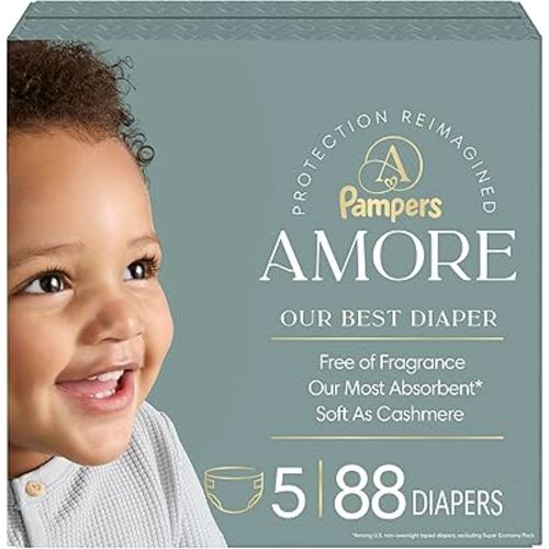 Pampers Amore, Size 5 (20-37 lbs), 88 Count, Our Best Diaper – Hypoallergenic & Fragrance Free, Up to 100% Leakproof, Soft as Cashmere
