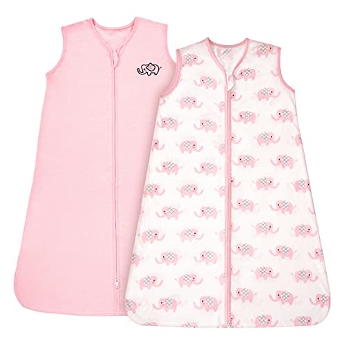 TILLYOU Sleep Sack 0-6 Months - 0.5 TOG Baby Wearable Blanket with 2-Way Zipper, Extra Soft Cotton Sleeveless Sleeping Sack 2 Pack, Pink Elephant