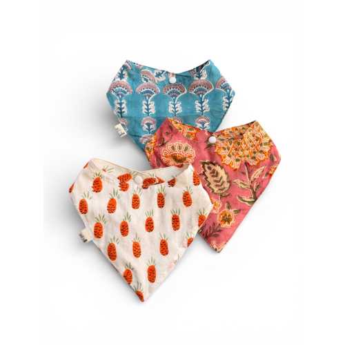 Hand Block Print Cotton Baby Bib Scarf Set, 100% Cotton, Adjustable Snap Closure