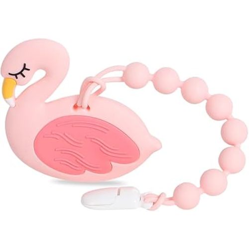 Baby Teething Toys,Food Grade Silicone Teether with One-Piece Pacifier Clip Holder,Baby Gift,Highly Effective Pain Relief for 3 Months+ Boy and Girl,BPA Free,Freezer Safe. (Pink Flamingo)