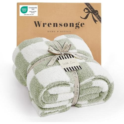 WRENSONGE Checkered Throw Blanket, Sage Green Soft Cozy Fluffy Hand Made Throw Blankets for Couch, Sofa, Chair, Bed, Camping, Picnic, Travel Lightweight Bed Blankets for Women Mothers Birthday Gifts