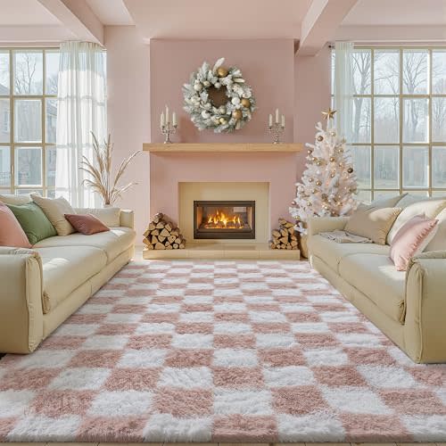 Checkered Rug 6x9 for Living Room, Pink and White Modern Shag Rugs Super Soft Washable Indoor Office Fuzzy Carpet Non-Slip Fluffy Rugs for Bedroom Home Aesthetic Decor