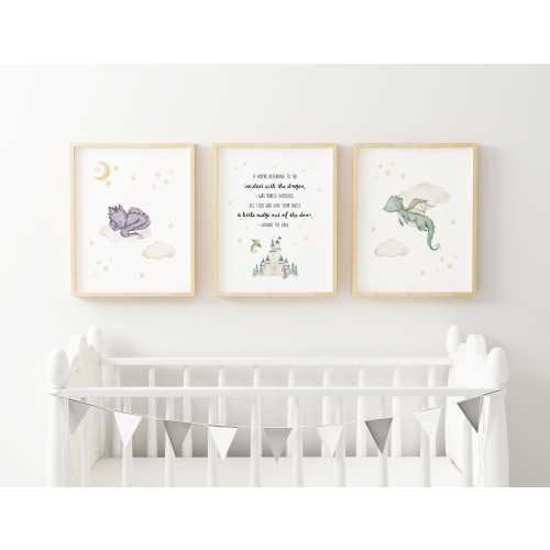 Fantasy Dragon Nursery Wall Art Storybook Baby Room Decor Watercolor Castle Prints LOTRs Gandalf Quote Playroom Whimsical Kids Room GON3-A3