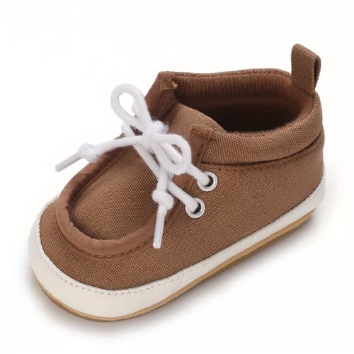 0-1 Year Old Infant Casual Slip-On Sneakers - Brown Fabric Upper with White Laces, Non-Slip Sole for Outdoor Walking, All-Season Comfort, Toddler Footwear | Stylish Casual Shoes | Slipon Sneakers