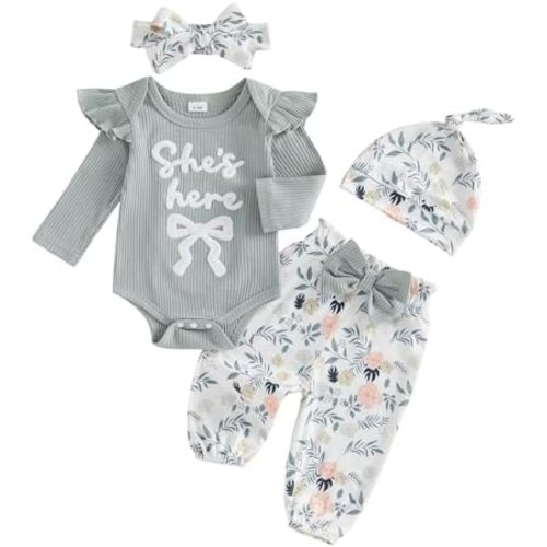 Madjtlqy Newborn Baby Girl Fall Winter Clothes Long Sleeve Ribbed Romper Top Bow Pants Headband Hat Set Coming Home Outfits