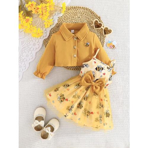 2pcs Baby Girl Ruffled Long Sleeve Embroidered Bee Jacket Paired With Simple Bee Print Mesh Dress, Set | SHEIN