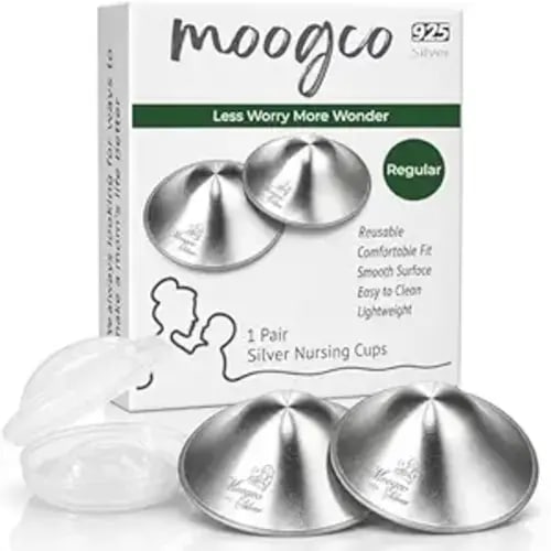 MOOGCO Silver Nursing Cups - 925k Sterling Silver Nipple Shields for Breastfeeding - Chemical-Free Nipple Protection (Regular, Set of 2)
