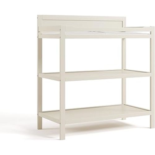 Storkcraft Alpine Changing Table (Frosted Oat) - Includes Water Resistant Changing Pad with Safety Strap, 2 Open Shelves for Storage