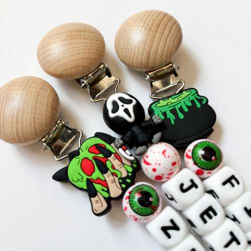 Spooky Halloween Personalized Pacifier Clip • Horror Movie Lover Mom Gift