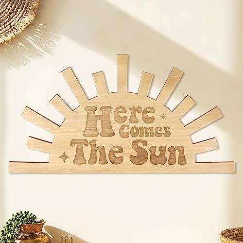 Here Comes The Sun Wooden Wall Sign Boho Nursery Room Decoration Sunshine Laser Cutting Engraved 14.6x7.6 Wall Decor for Home Living Room Kitchen Bathroom Bedroom Playroom
